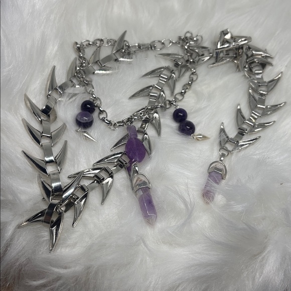 Hand Crafted Jewelry - Vertebral Spike Amethyst Beaded Choker or Waist Chain Statement Metallic Goth